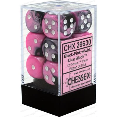 Chessex: Gemini 12D6 16mm Black-Pink/White