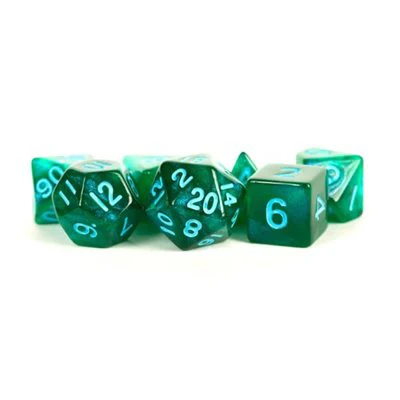 FanRoll: Dice: Acrylic 16mm 7pc Set: Stardust Green with Blue Numbers